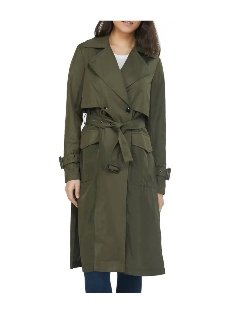 NVLT Olive Green Utility Trench Coat Belted Cargo Military Style SZ SM